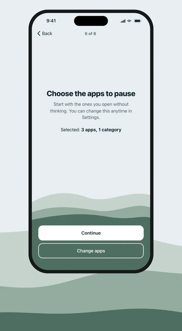 Lift Your Eyes setup screen: Choose the apps to pause, with 3 apps and 1 category selected.