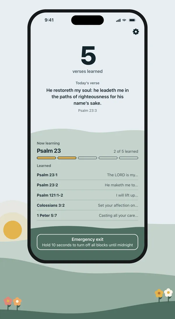 The Lift Your Eyes home screen: 5 verses learned, today’s verse and the list of learned verses.