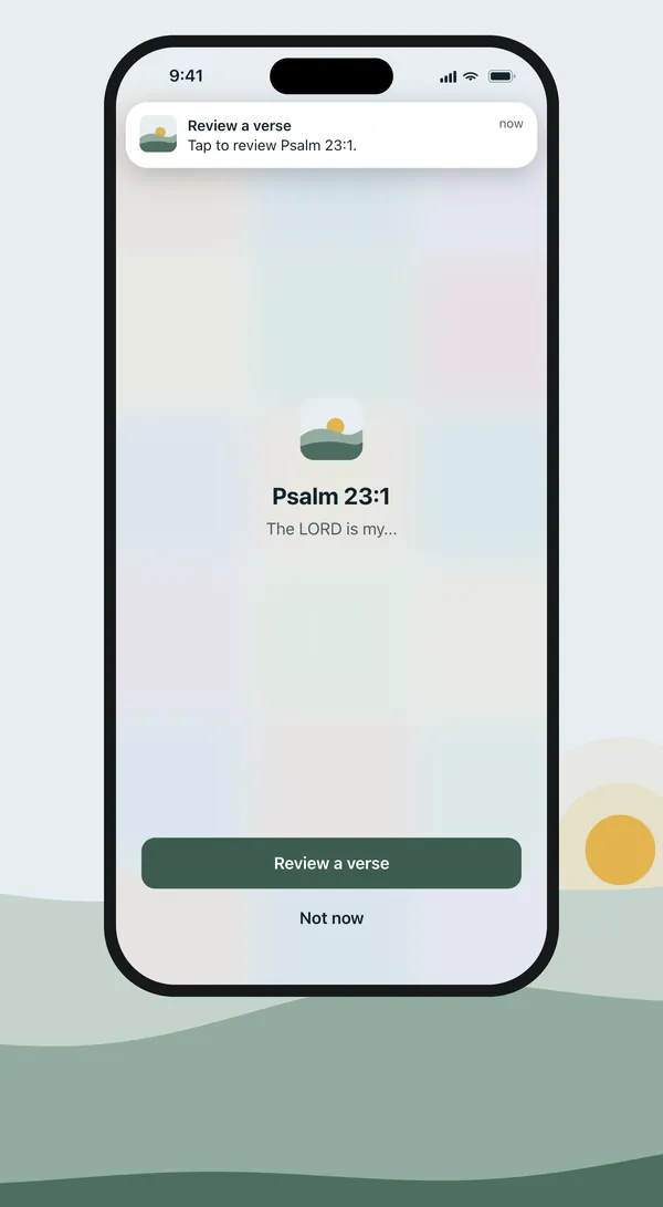 A paused app shows a pause screen with Psalm 23:1, the hint The LORD is my, and a Review a verse button. A notification arrives at the top.